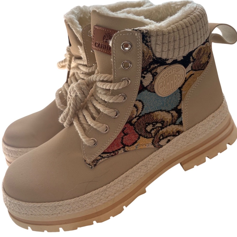 Cahhrrn Women Tan Tapestry Bear Chunky Sole Boots Faux Fur Lined EU 42 US‎ 10.5